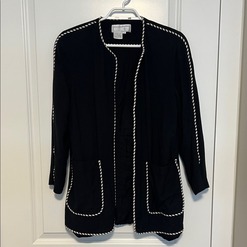 Simon Chang Black Cardigan with White Rope Trim